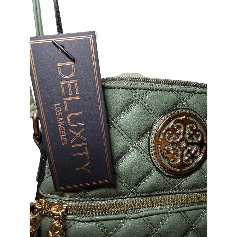 Deluxity Sage Green Quilted Crossbody Bag, Gold Hardware Tassels, NWT